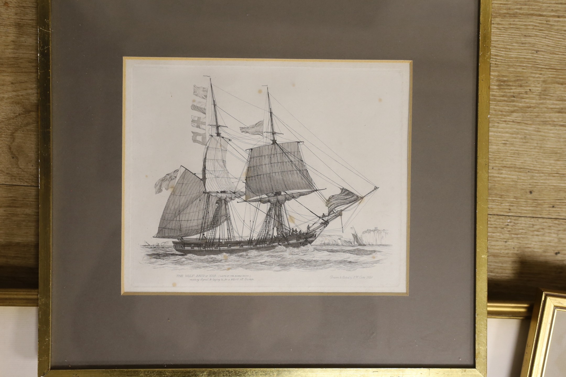 Edward William Cooke R.A. (1811-80), pencil drawing, Fishing boats in a mediterranean harbour, Sabin Galleries label verso, 20 x 35cm and five assorted engravings of shipping after Cooke